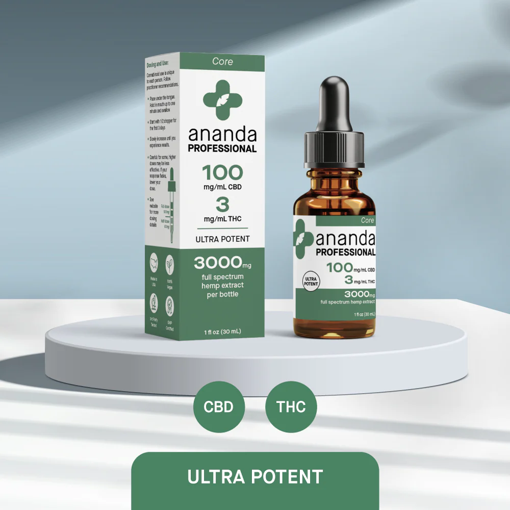 Box and bottle of 3000mg Ananda Professional CBD tincture sitting on a pedestal